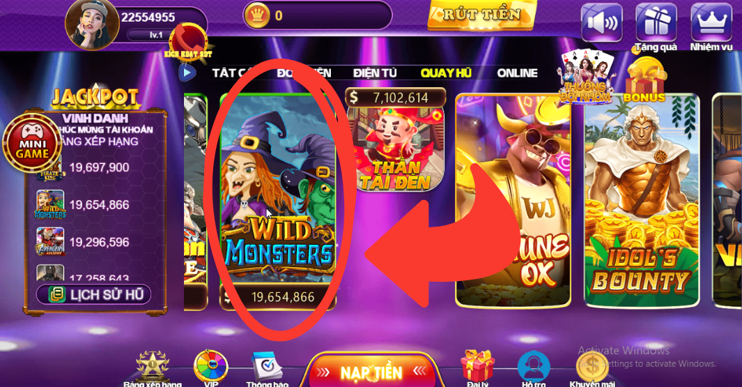 Chọn Wild Monsters tại mục Quay Hũ của 68 Game Bài.